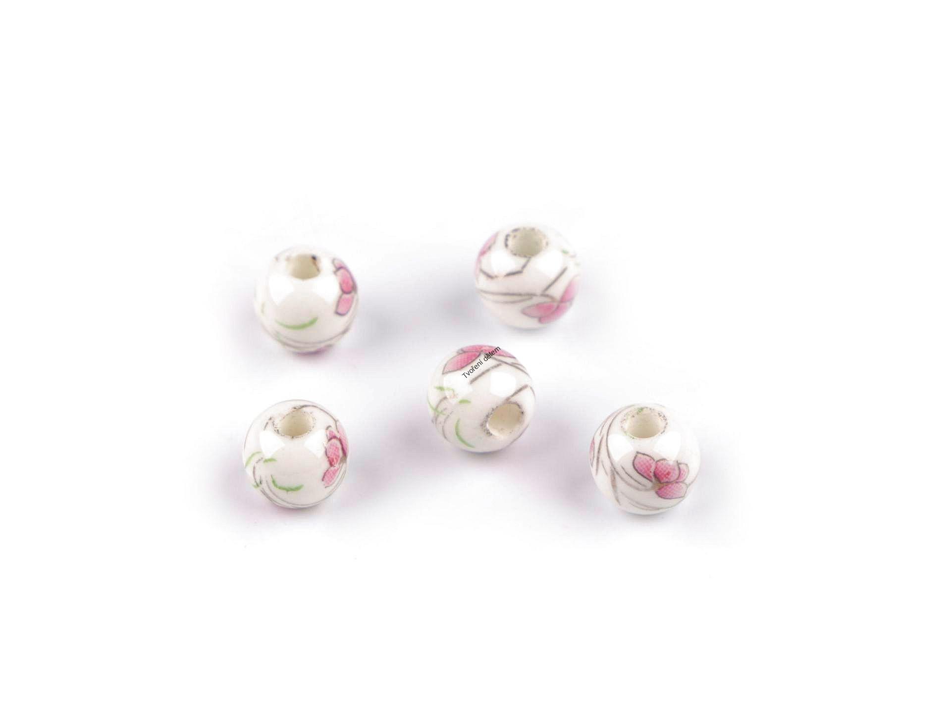 Korálky porcelánové s růžovými květy Ø8 mm