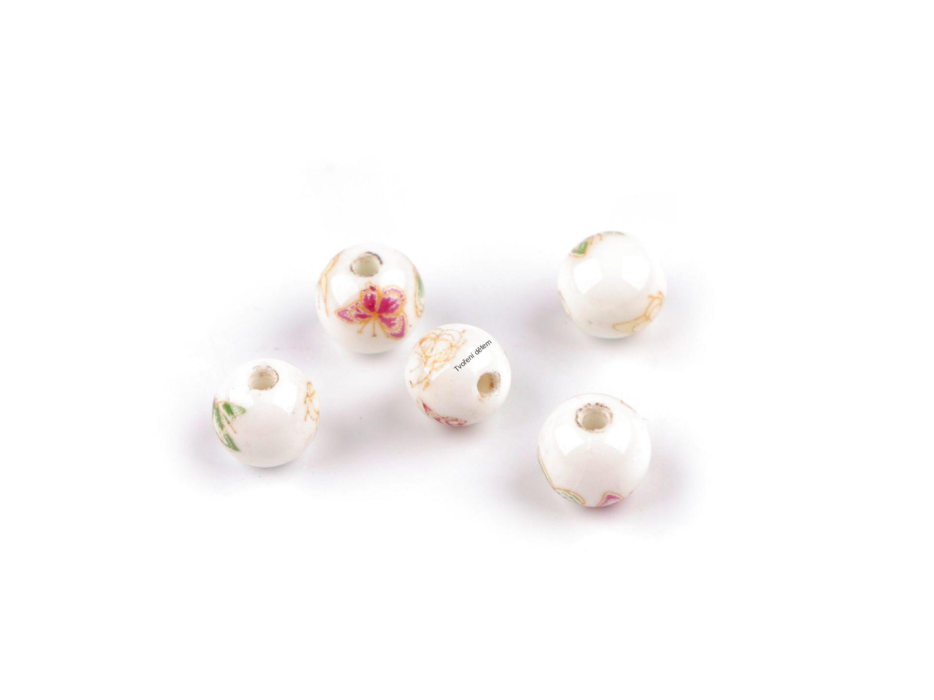 Korálky porcelánové se žlutočervenými květy Ø8 mm